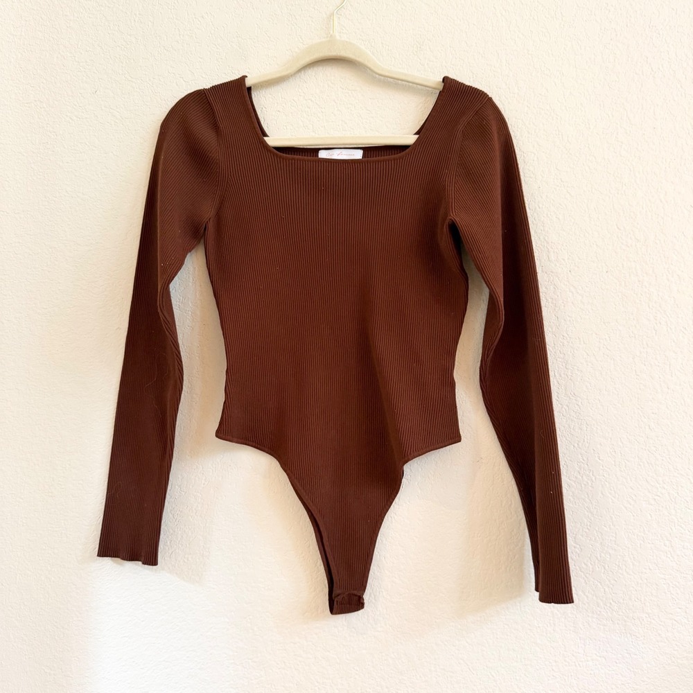 Ces Femme Brown Ribbed Square Neck Long Sleeve‎ Bodysuit BIC60830 Womens Medium